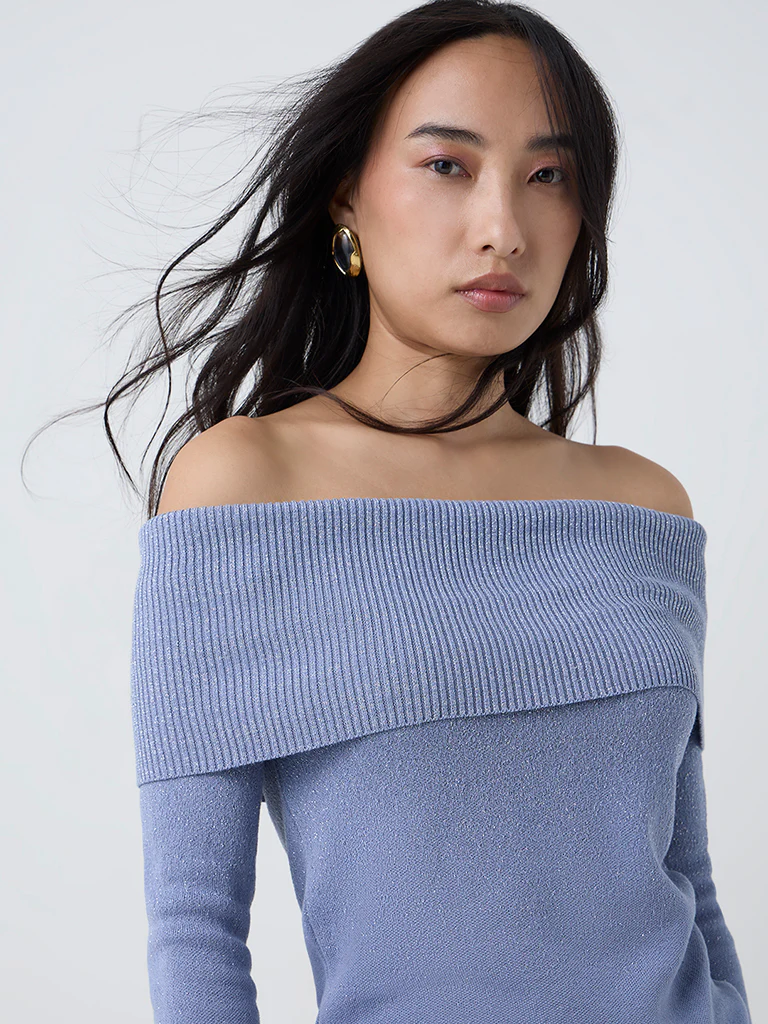 LOV Dusty Blue Knit Textured Off-Shoulder Top - Image 3