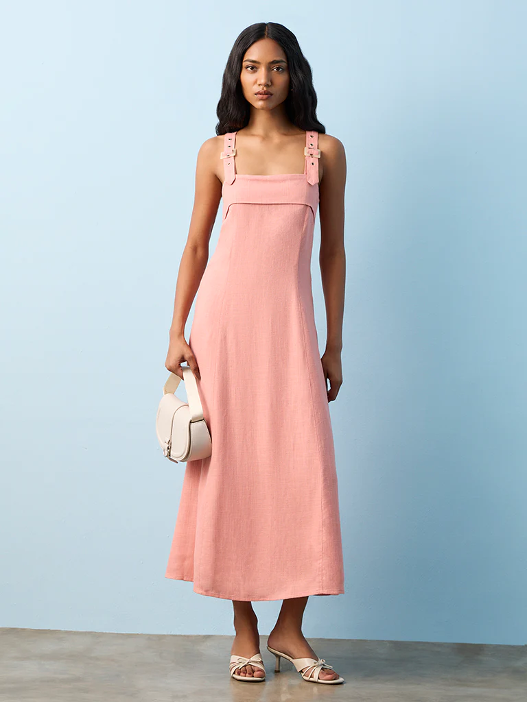 LOV Dusty Pink Solid Linen-Blend A-Line Dress