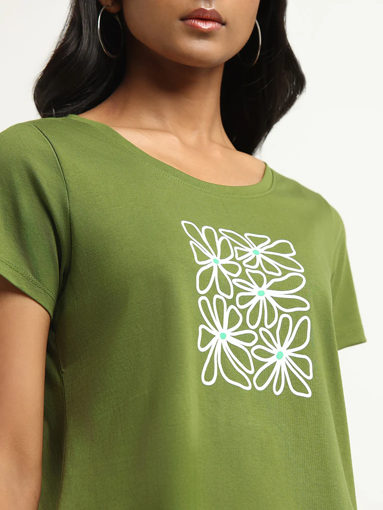 LOV Green Floral Print Cotton T-Shirt - Image 2
