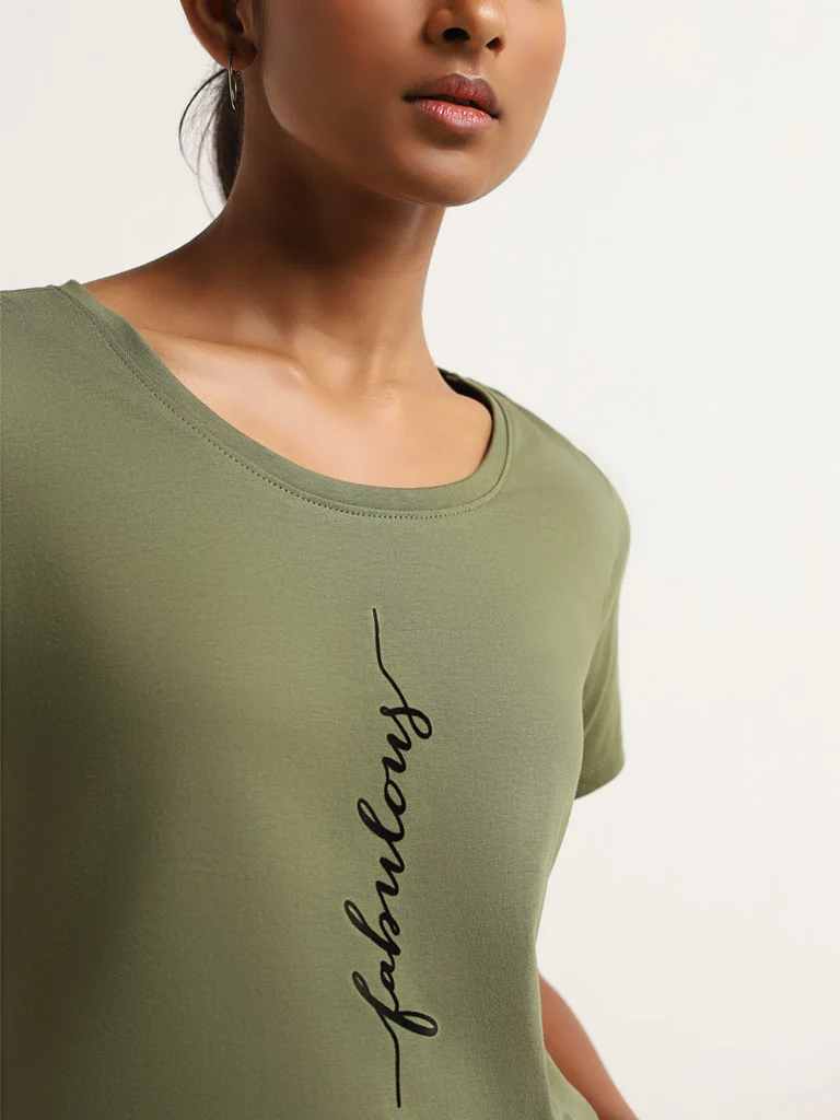 LOV Green Printed Cotton T-Shirt - Image 2