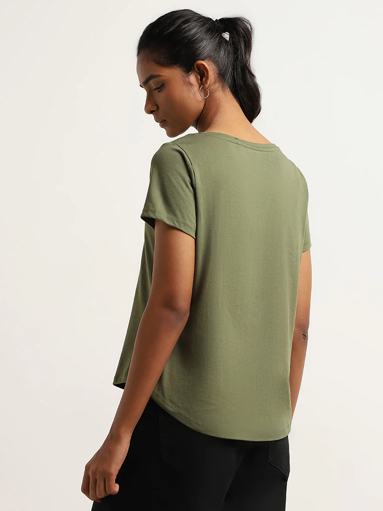 LOV Green Printed Cotton T-Shirt - Image 4