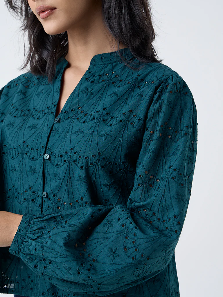 LOV Green Schiffli Embroidered Cotton Blouse - Image 3