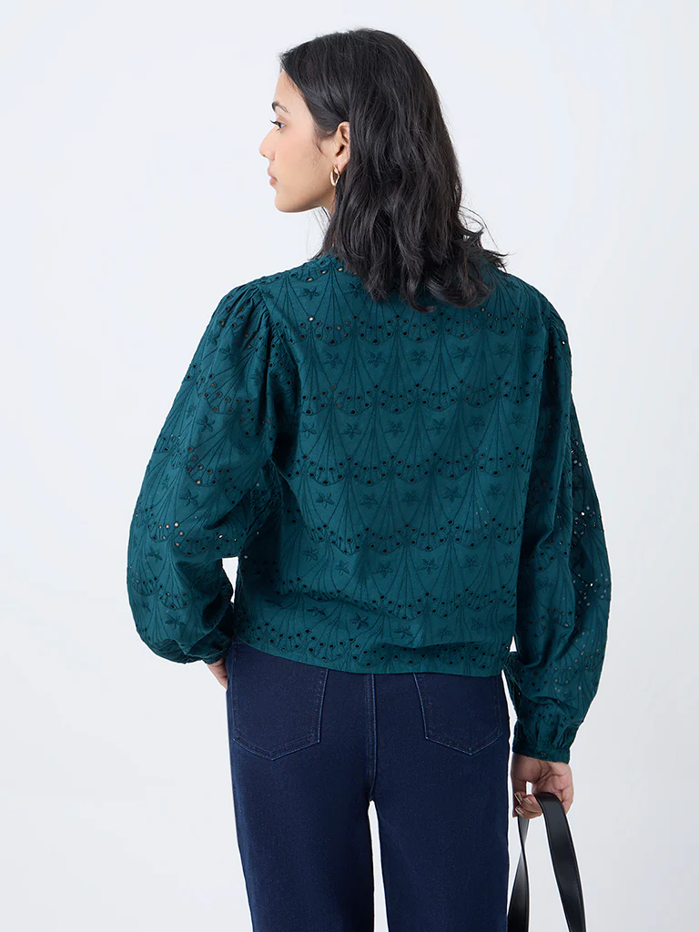 LOV Green Schiffli Embroidered Cotton Blouse - Image 4