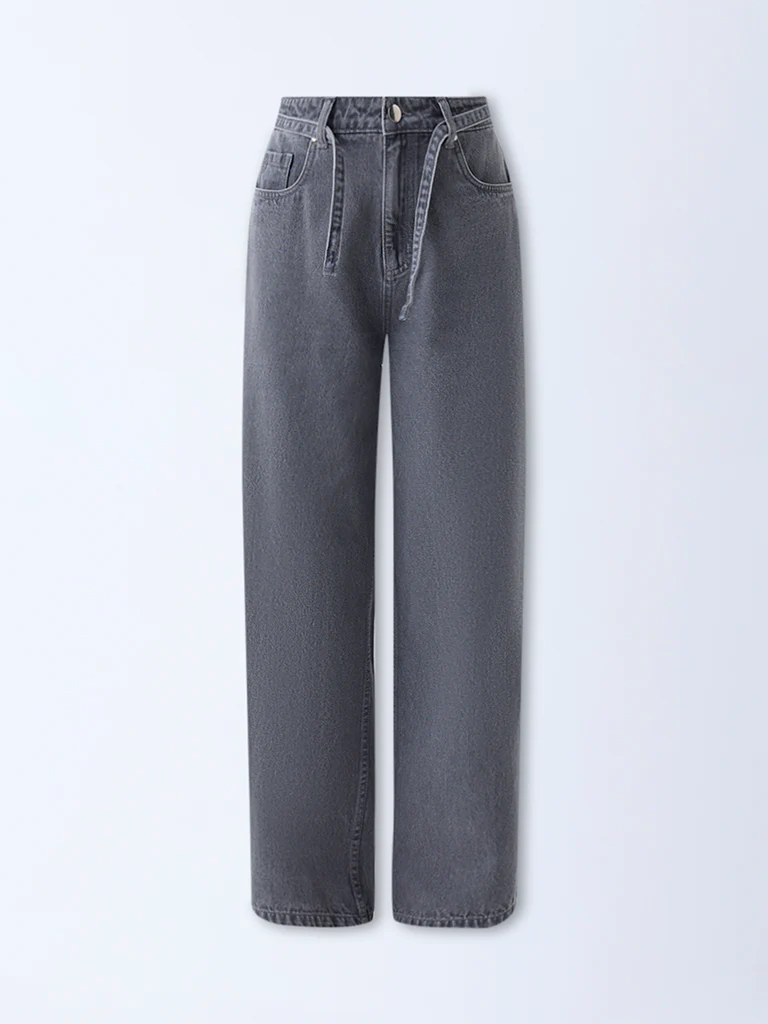 LOV Grey Wide-Leg High-Rise Jeans with Belt - Image 5