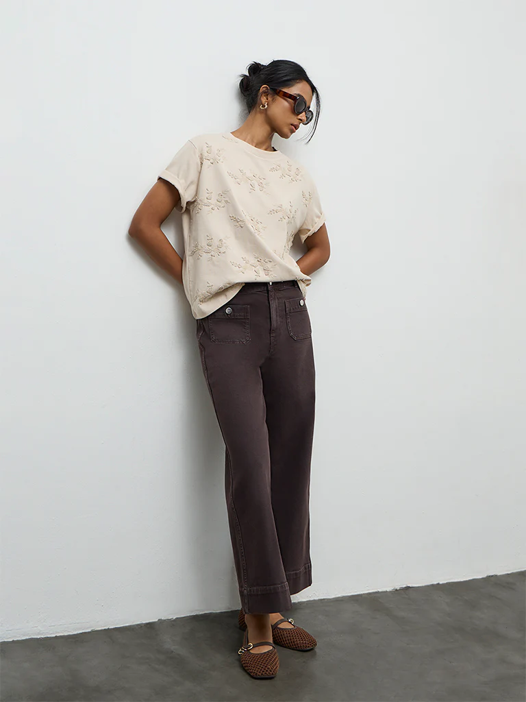 LOV Light Beige Botanical Embroidered Cotton T-Shirt