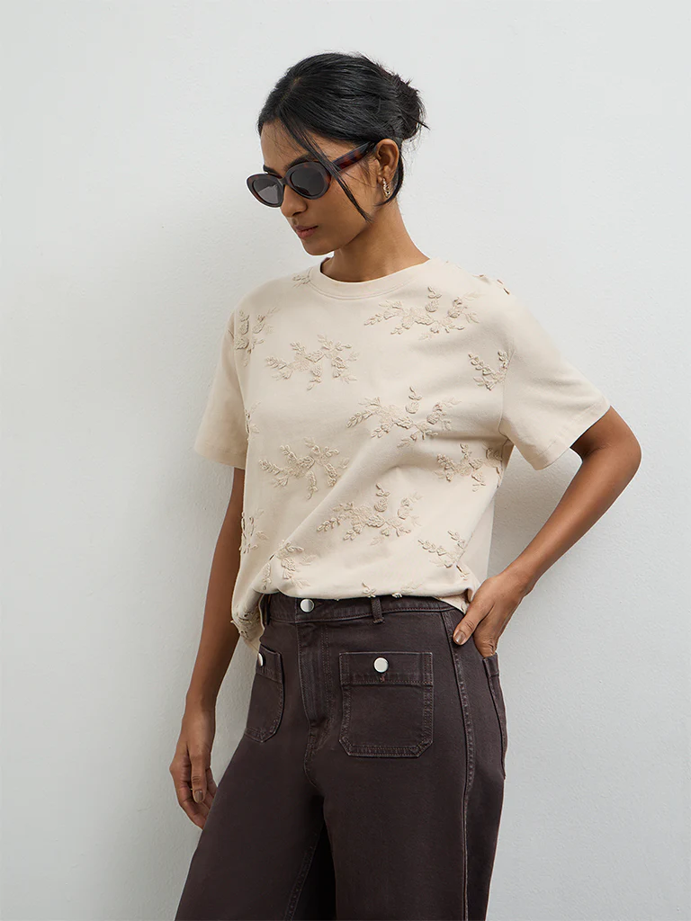 LOV Light Beige Botanical Embroidered Cotton T-Shirt - Image 2