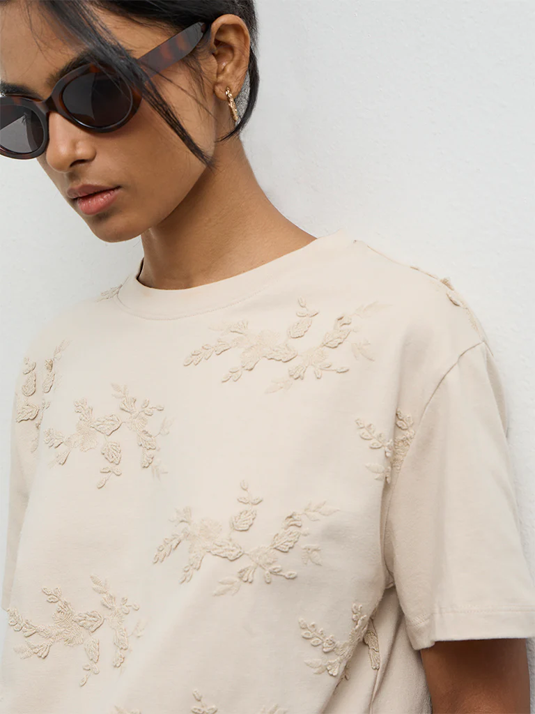 LOV Light Beige Botanical Embroidered Cotton T-Shirt - Image 3