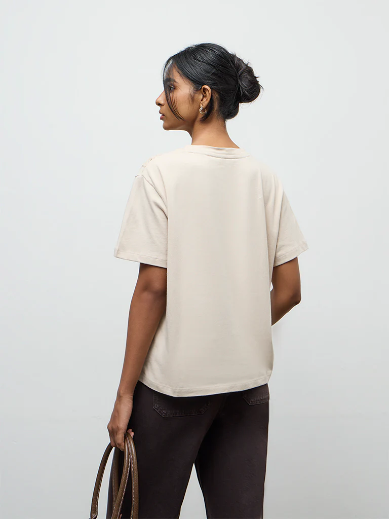 LOV Light Beige Botanical Embroidered Cotton T-Shirt - Image 4