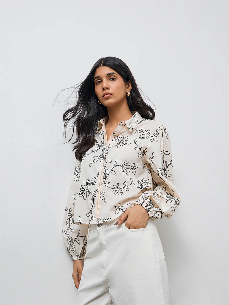 LOV Light Beige Floral Embroidered Cotton Shirt - Image 2