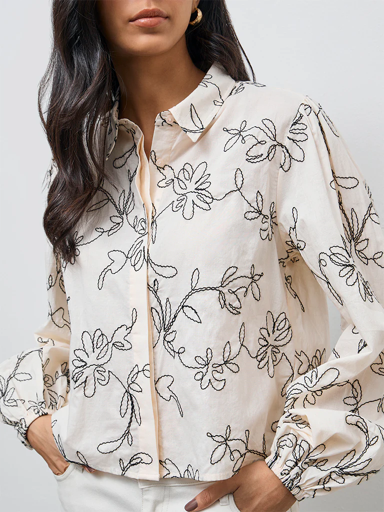 LOV Light Beige Floral Embroidered Cotton Shirt - Image 3