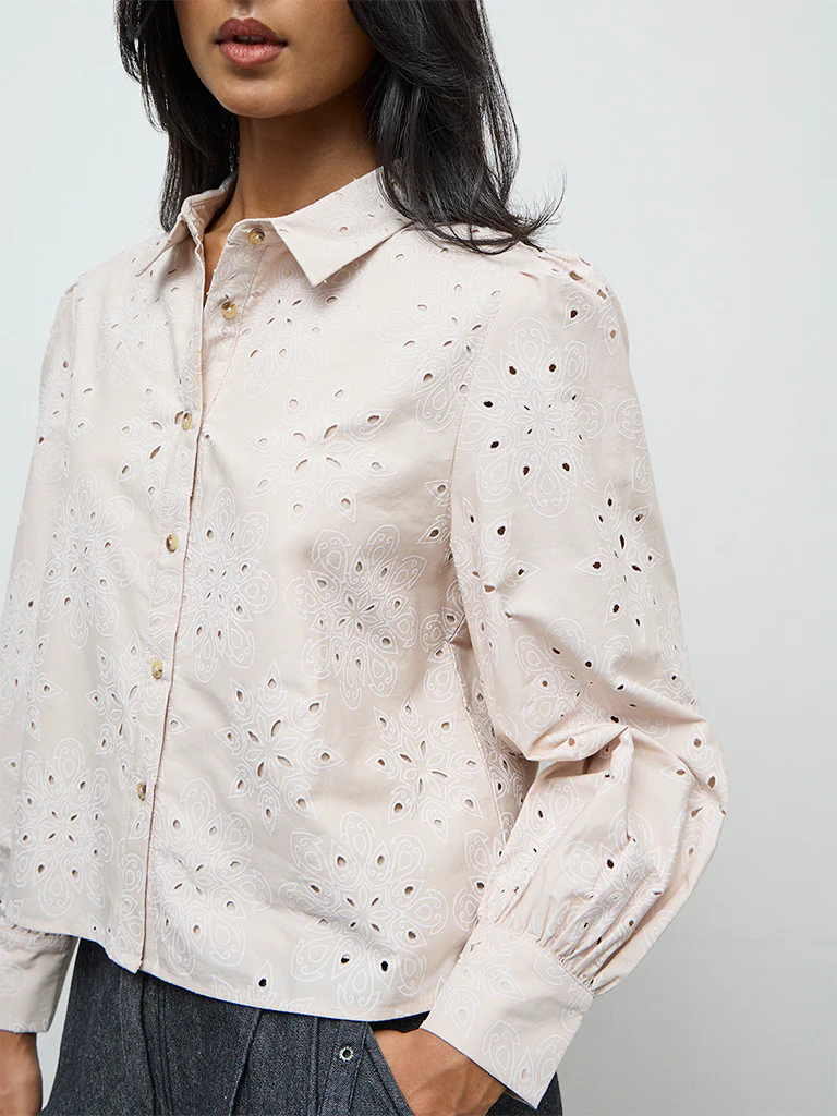LOV Light Beige Floral Embroidered Cotton Shirt - Image 3