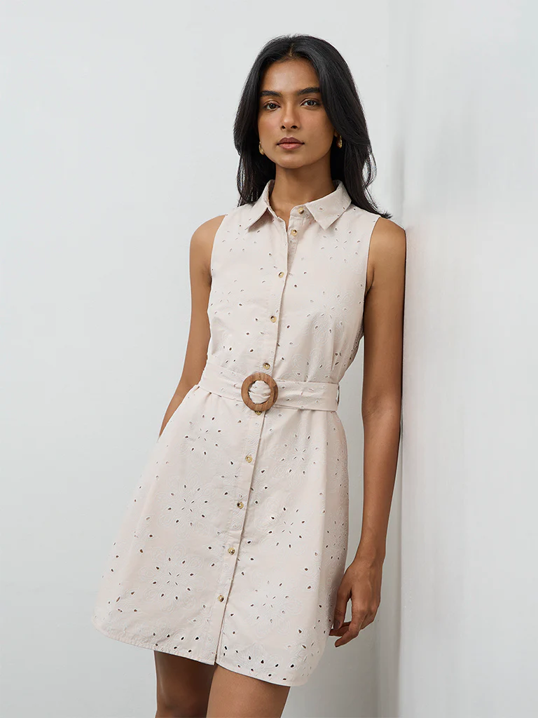 LOV Light Beige Floral Embroidered Cotton Shirt Dress with Belt