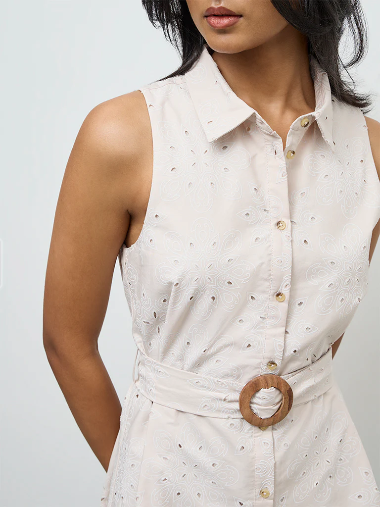 LOV Light Beige Floral Embroidered Cotton Shirt Dress with Belt - Image 3