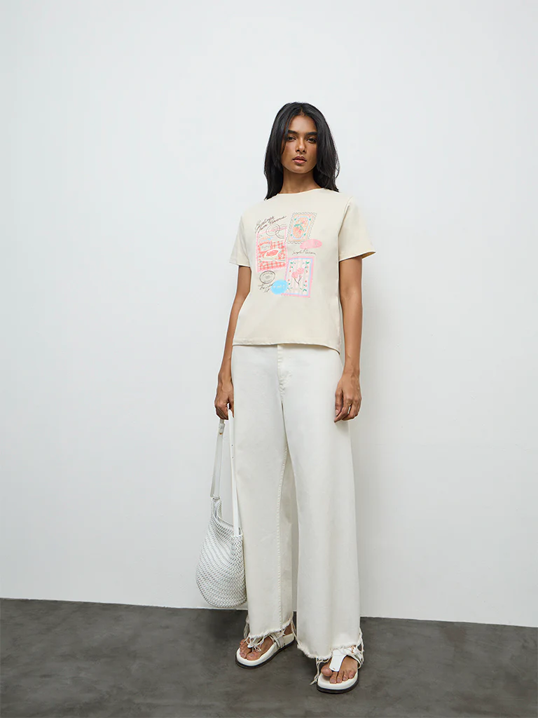 LOV Light Beige Printed Cotton T-Shirt - Image 2