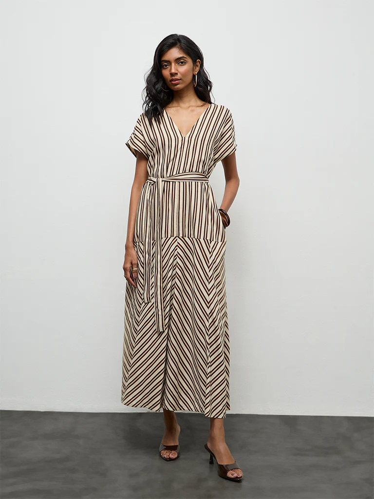 LOV Light Beige Striped A-Line Dress with Belt
