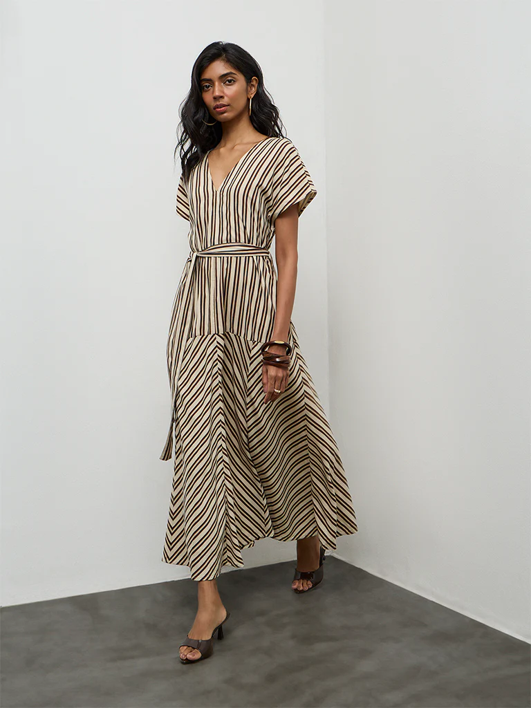 LOV Light Beige Striped A-Line Dress with Belt - Image 2