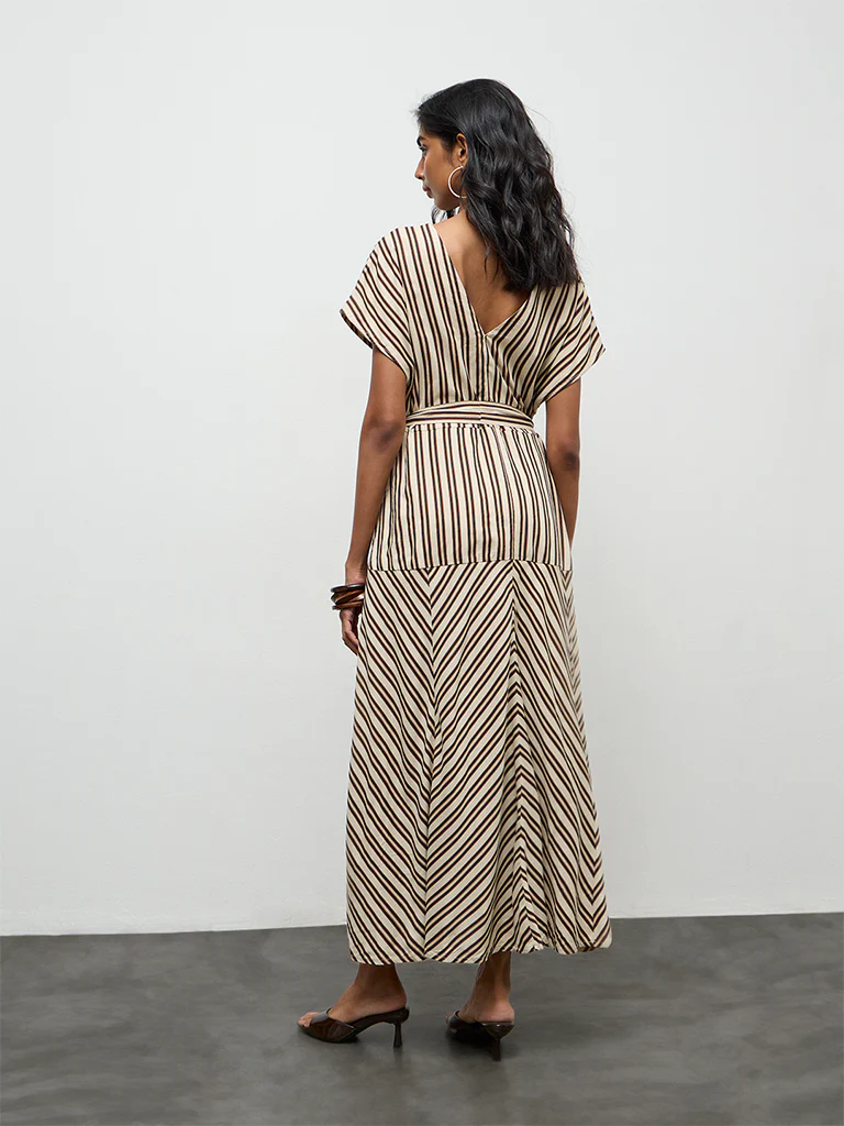 LOV Light Beige Striped A-Line Dress with Belt - Image 4