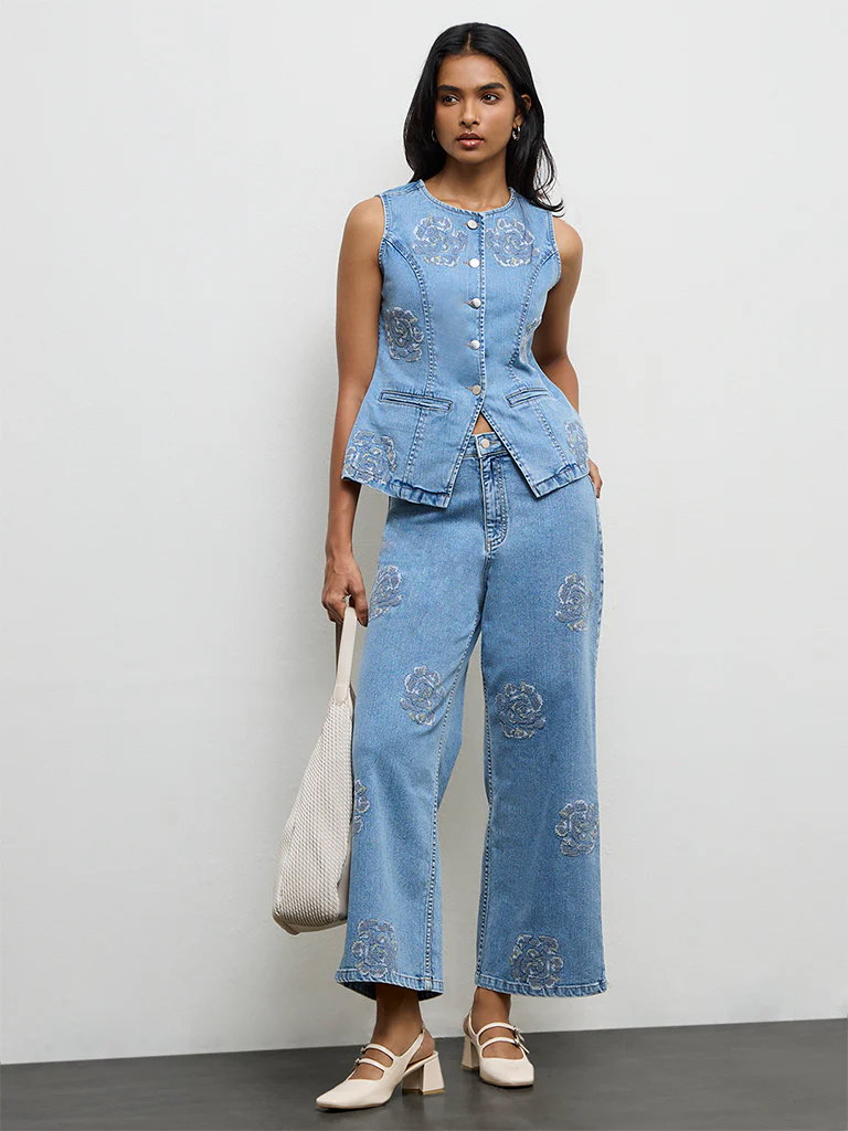 LOV Light Blue Floral Embroidered Denim Top - Image 2