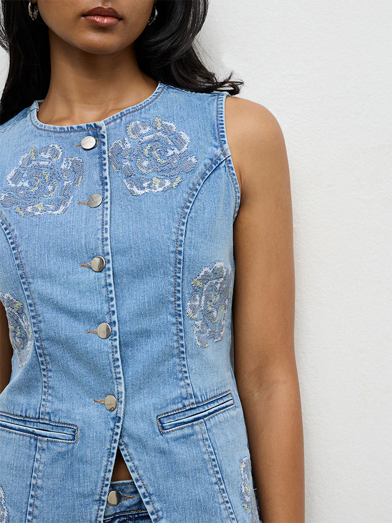 LOV Light Blue Floral Embroidered Denim Top - Image 3