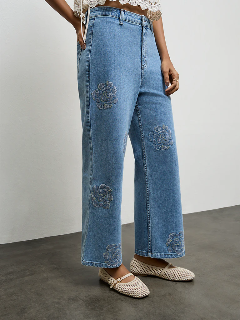 LOV Light Blue Floral Embroidered Low-Rise Jeans - Image 2
