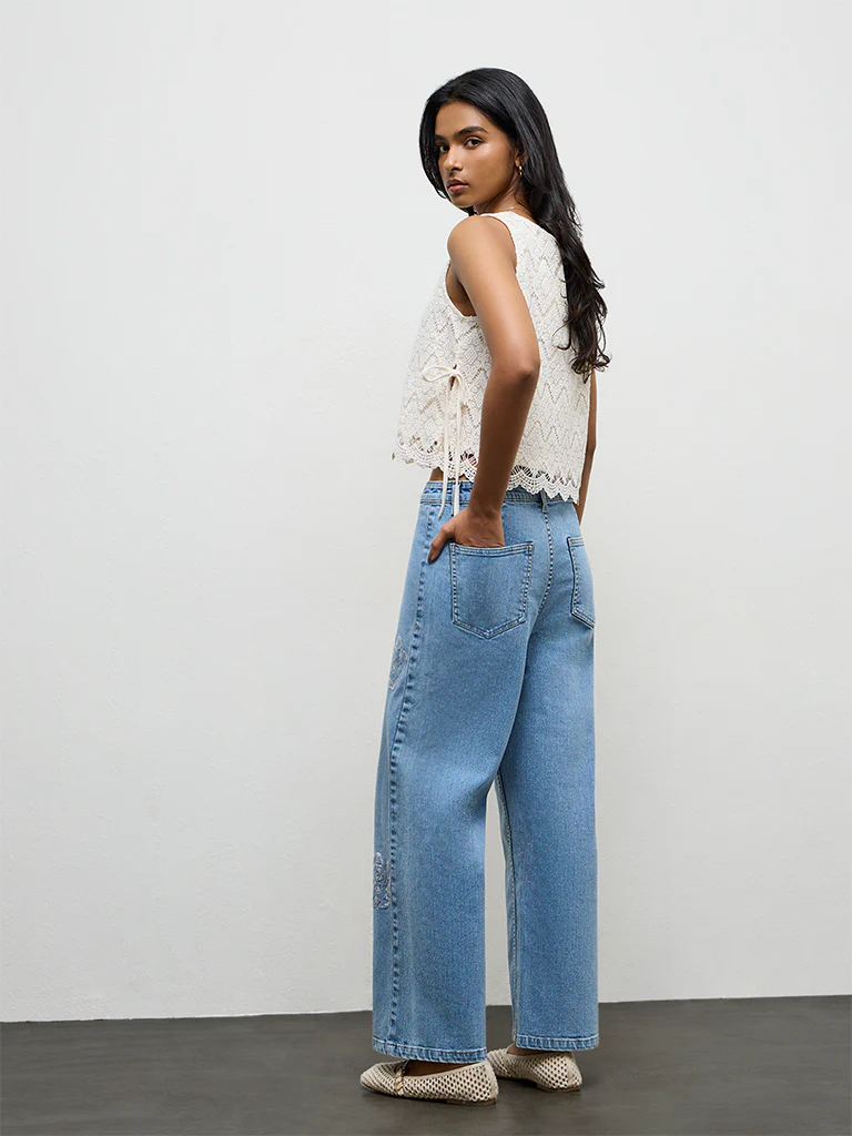 LOV Light Blue Floral Embroidered Low-Rise Jeans - Image 4