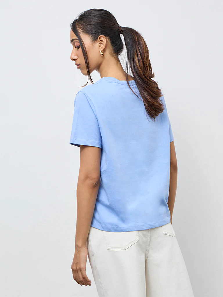 LOV Light Blue Graphic Cotton T-Shirt - Image 4