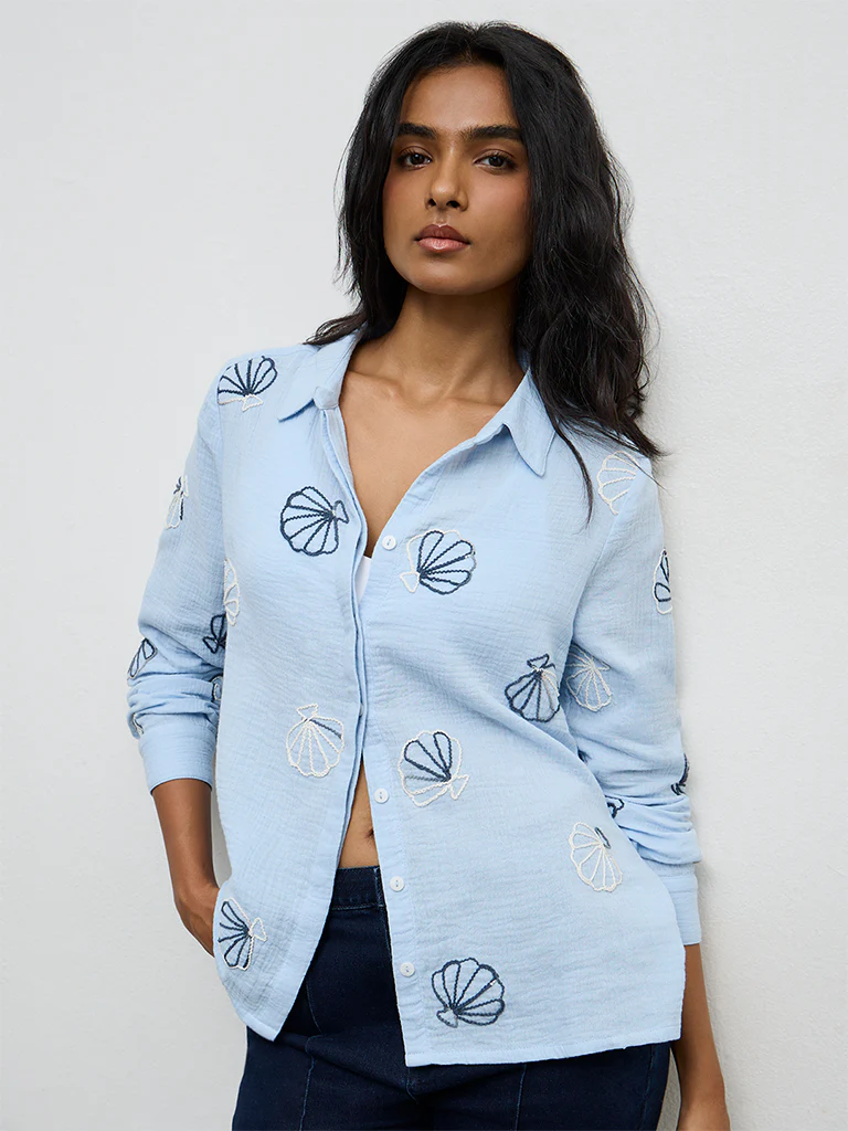 LOV Light Blue Seashell Embroidered Shirt - Image 2