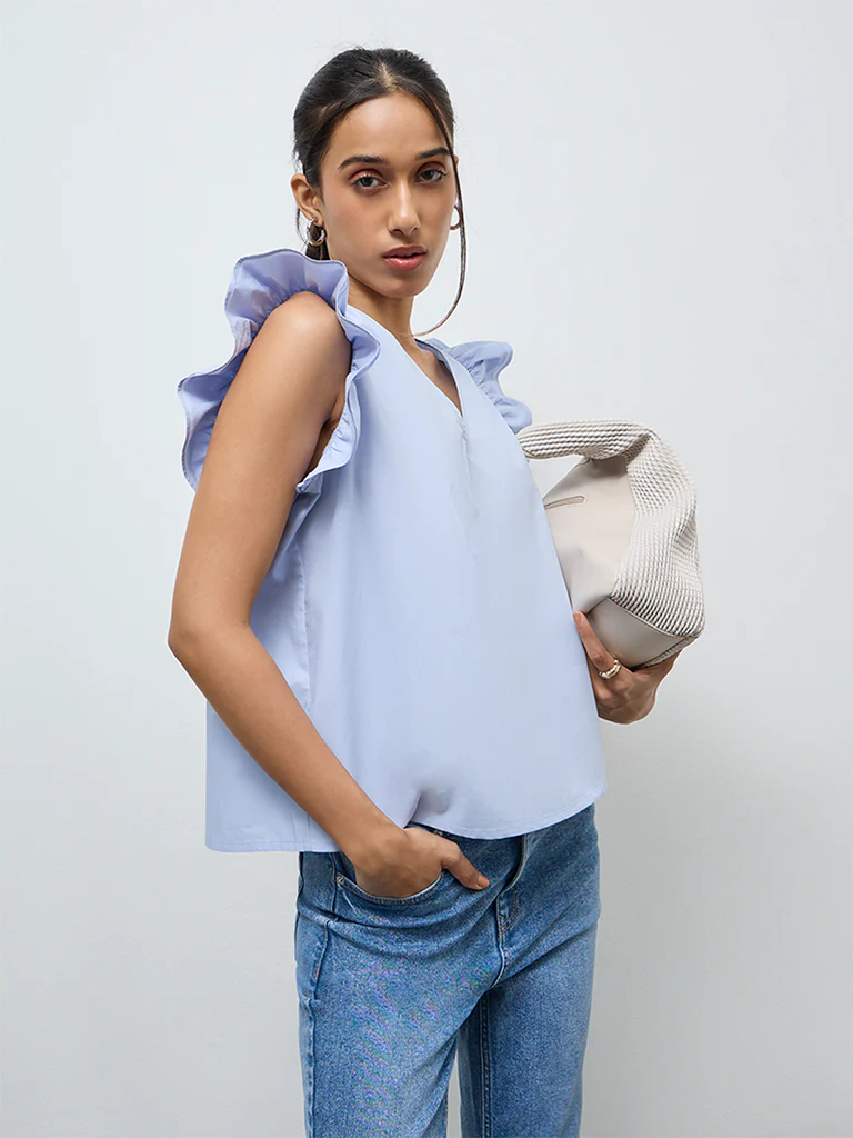 LOV Light Blue Solid Cotton Top