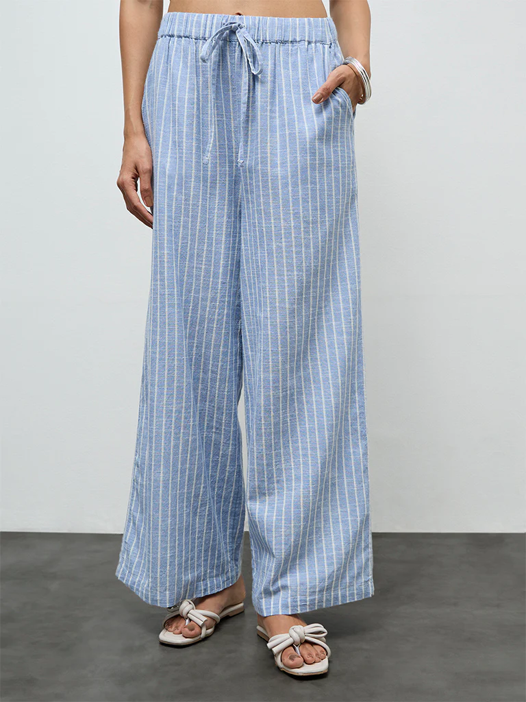 LOV Light Blue Striped High-Rise Cotton Pants - Image 2