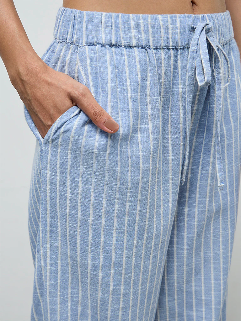 LOV Light Blue Striped High-Rise Cotton Pants - Image 3