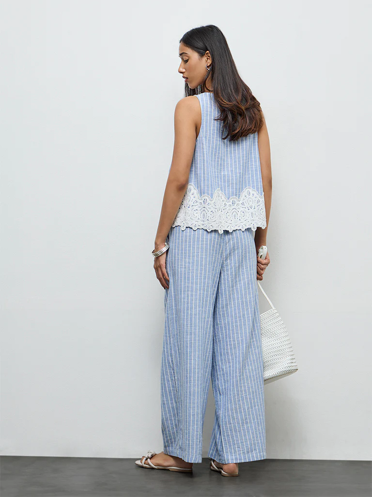 LOV Light Blue Striped High-Rise Cotton Pants - Image 4