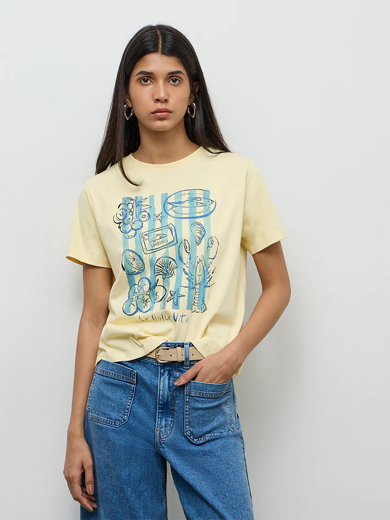 LOV Light Yellow Graphic Printed Cotton T-Shirt
