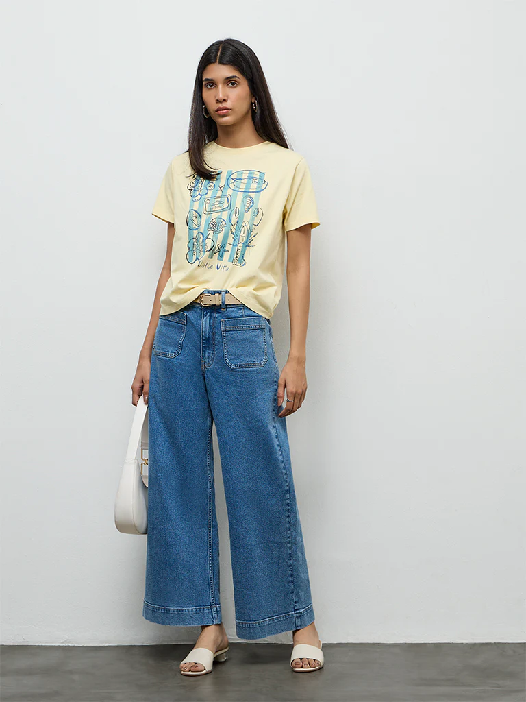 LOV Light Yellow Graphic Printed Cotton T-Shirt - Image 2