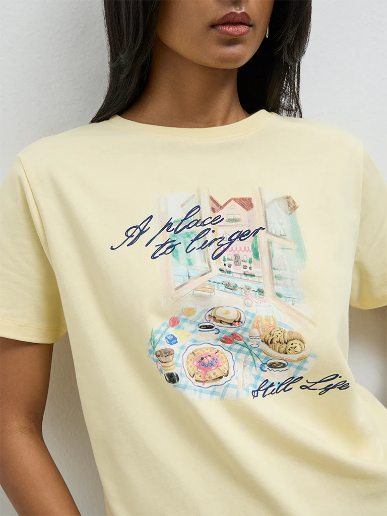 LOV Light Yellow Graphic Printed Cotton T-Shirt - Image 3