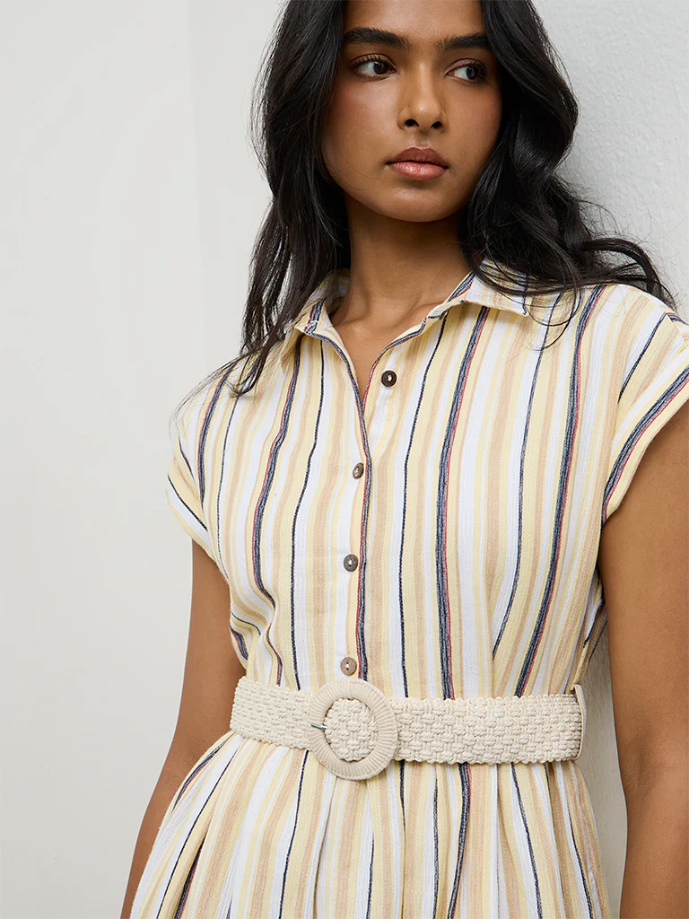 LOV Light Yellow Striped Linen-Blend A-Line Dress - Image 3
