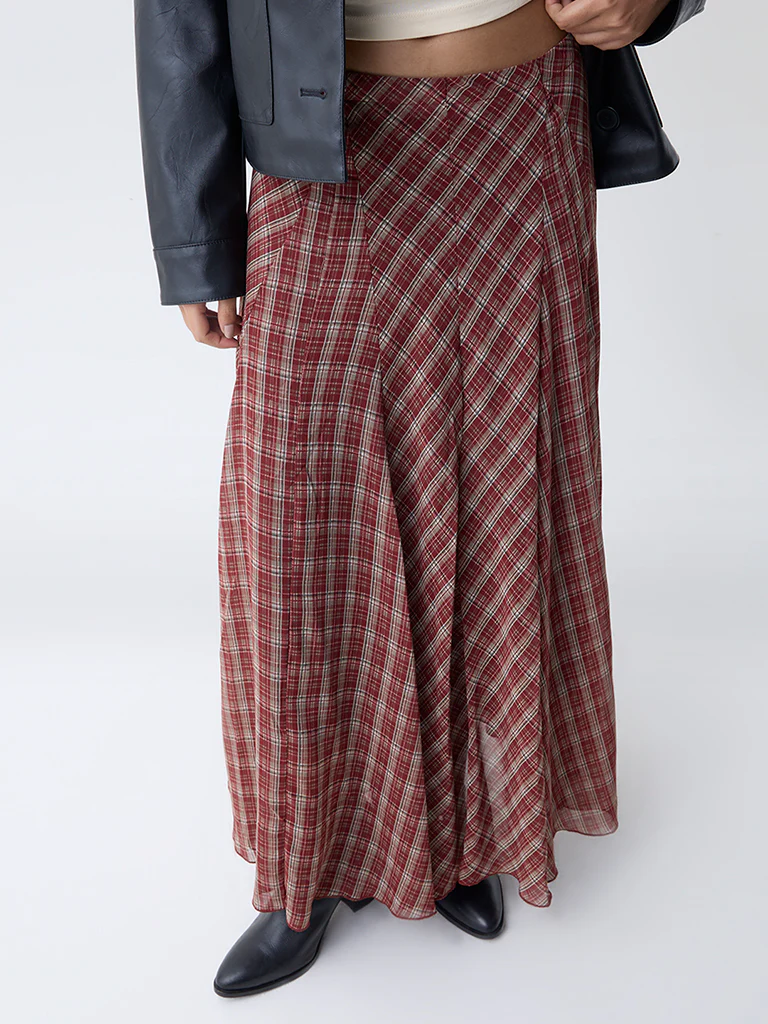 LOV Maroon Check Pattern High-Rise Skirt-Online Exclusive - Image 2