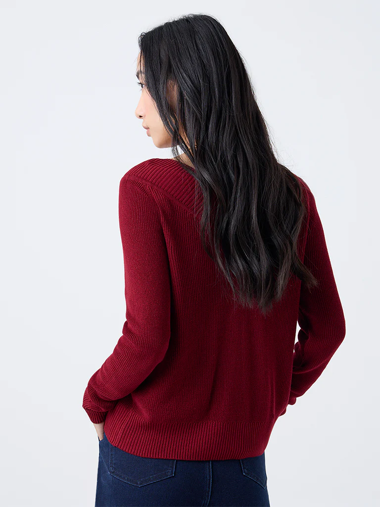 LOV Maroon Knit-Textured Top - Image 4