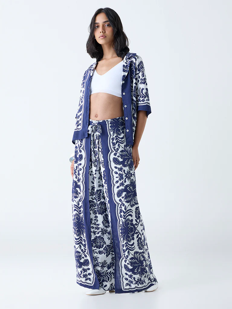 LOV Navy Botanical Design High-Rise Pants