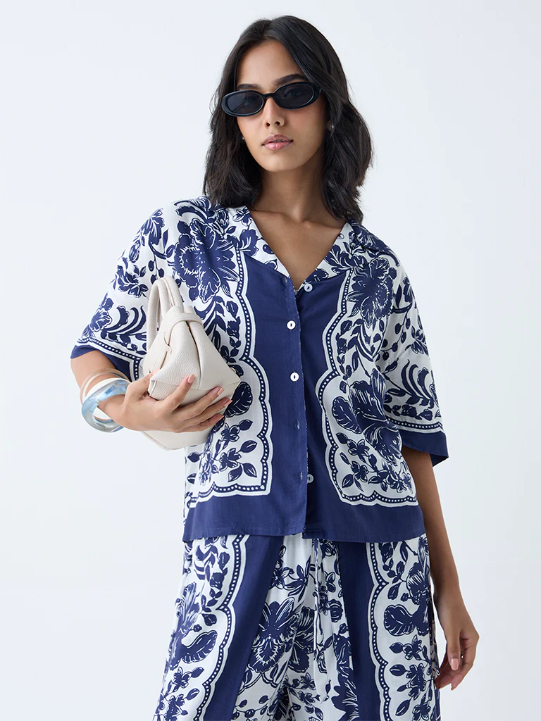 LOV Navy Botanical Design Shirt