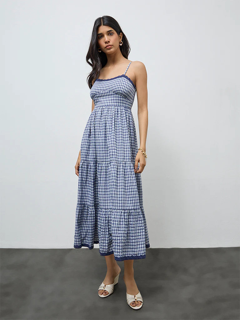 LOV Navy Checkered Cotton-Blend Tiered Dress - Image 2