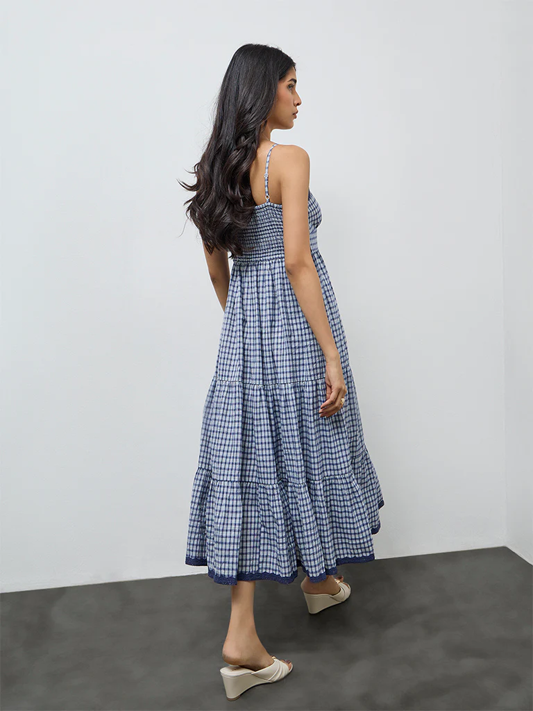 LOV Navy Checkered Cotton-Blend Tiered Dress - Image 4