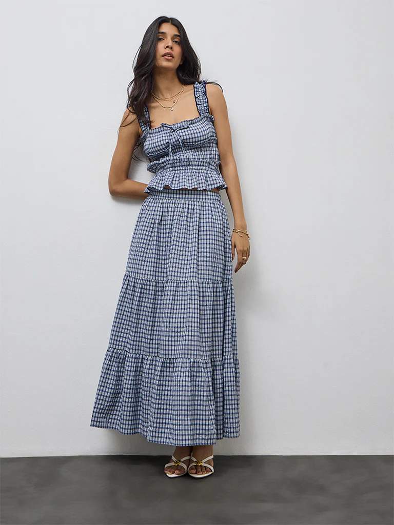 LOV Navy Checkered High-Rise Cotton-Blend Skirt