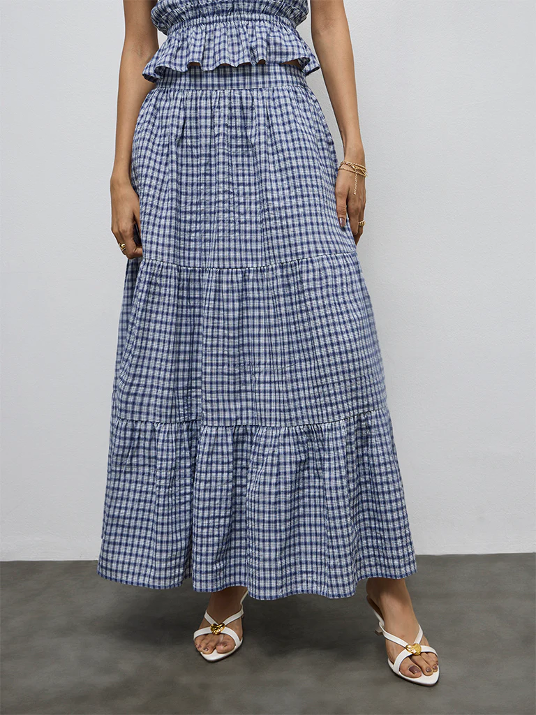 LOV Navy Checkered High-Rise Cotton-Blend Skirt - Image 2