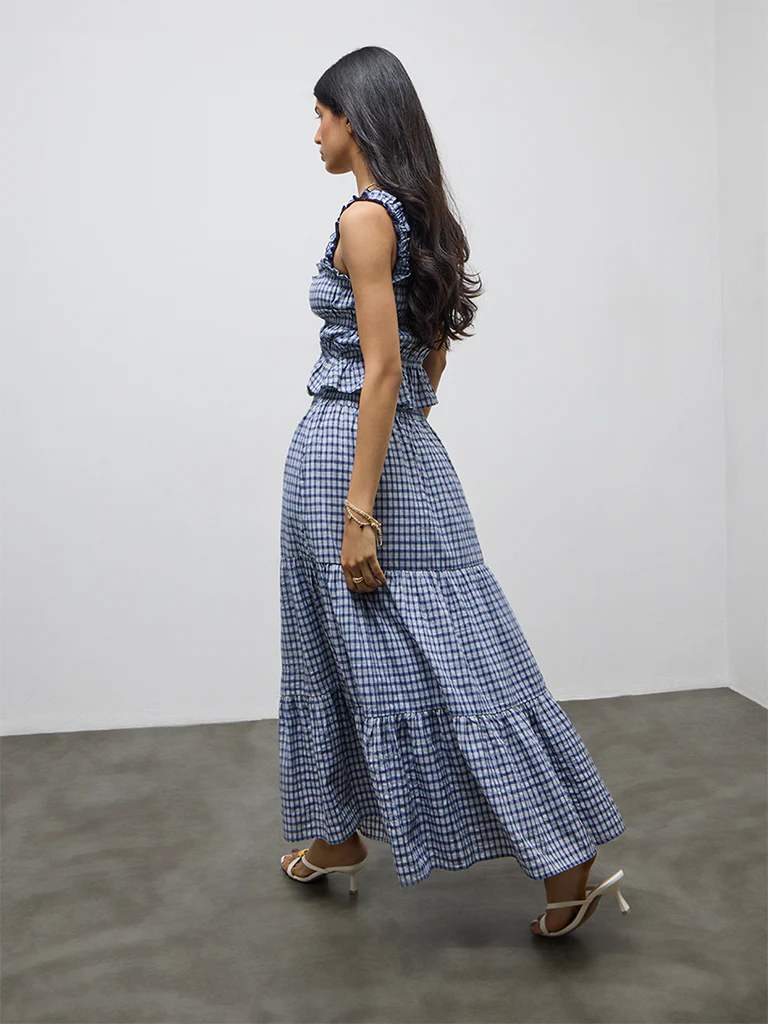 LOV Navy Checkered High-Rise Cotton-Blend Skirt - Image 4