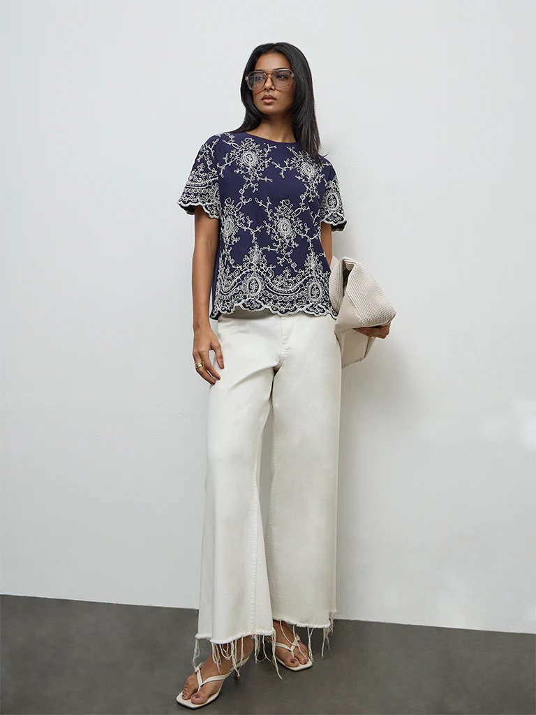 LOV Navy Embroidered Cotton Top - Image 2