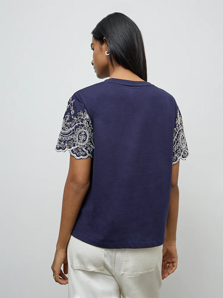 LOV Navy Embroidered Cotton Top - Image 4