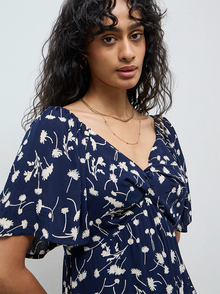 LOV Navy Floral A-Line Dress - Image 3