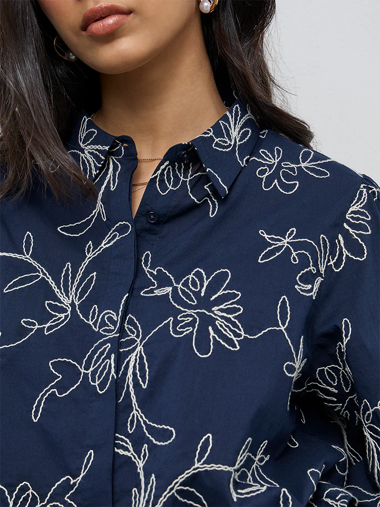 LOV Navy Floral Embroidered Cotton Shirt - Image 3