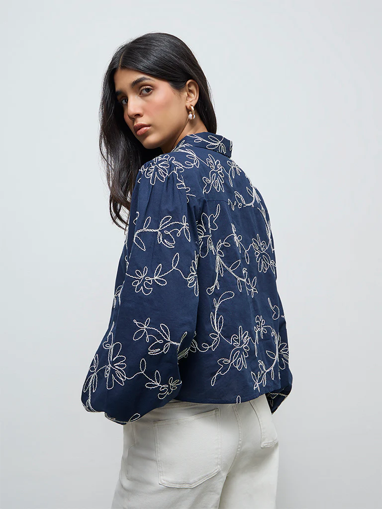 LOV Navy Floral Embroidered Cotton Shirt - Image 4