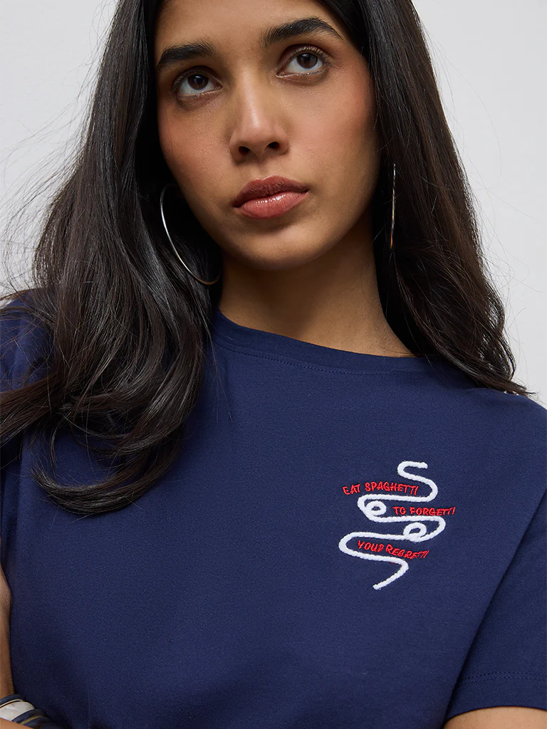 LOV Navy Graphic Design Cotton T-Shirt - Image 3